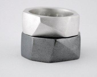 Geometric wedding rings, black engagement ring, Sterling silver, Silver wedding band, Mens wedding band and women, Minimalist