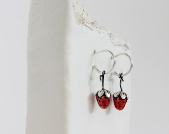 STRAWBERRIES sterling silver hoops, enamel jewels, Fruit earrigns