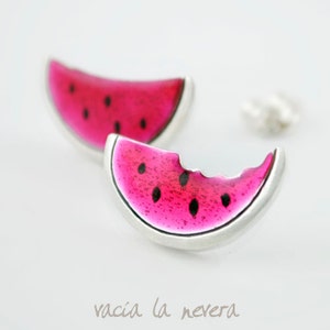 Sterling silver watermelon earrings, Pink enamel jewelry, flashy earrings, Pink earrings, Fruit jewels image 2