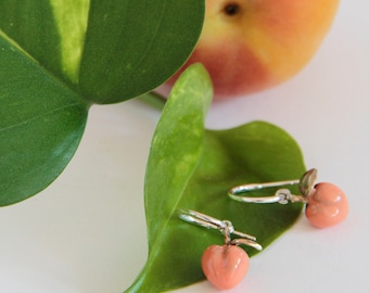 Sterling Silver Hoop Earrings, PEACH earrings, sterling silver and brass enamel earrings, Small Hoops earrings