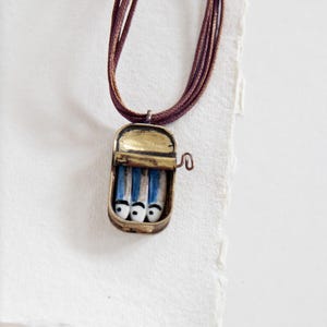 Golden brass pendant shaped TIN CAN, sardines porcelain, porcelain jewelry, Vintage necklace