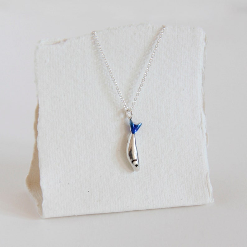 Sardine choker necklace, silver chocker necklace, silver sardine, Blue pendant, Fish necklace, Silver chain image 6