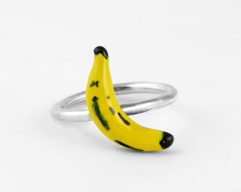 Anillo de plata Plátano, banana de plata, Anillo banana, Plata 925, anillo amarillo, plátano amarillo