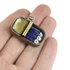 Brass brooch, SARDINES tin can brooch, Porcelain fish, porcelain brooch