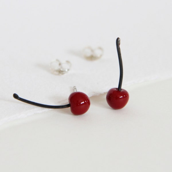 Silver CHERRY earrings, Food jewelry, Cherries, Stud earrings