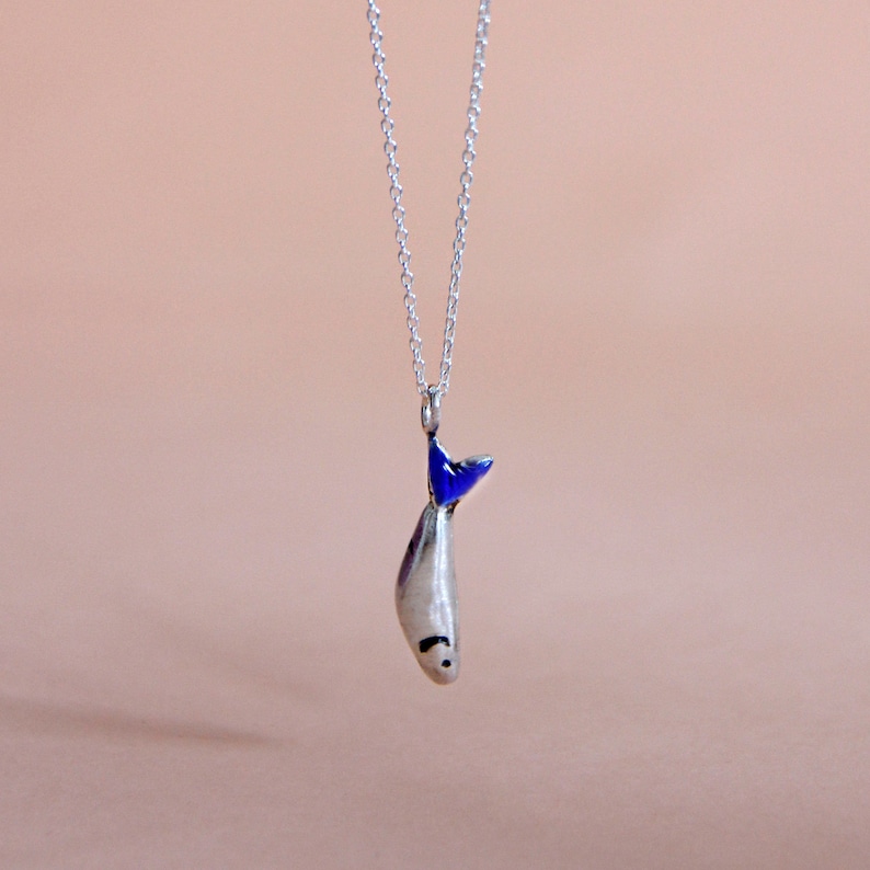 Sardine choker necklace, silver chocker necklace, silver sardine, Blue pendant, Fish necklace, Silver chain image 1