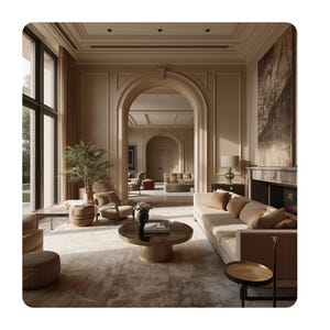 Puede incluir: Una diapositiva de presentación digital titulada Modern Real Estate Strategy y Modern Real Estate Listing Presentation con fecha del 17 de septiembre de 2026, que muestra un salón beige con puertas arqueadas, un sofá y una mesa.
