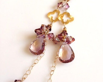 Pink Purple Statement Ametrine and Gold Dangle Earrings