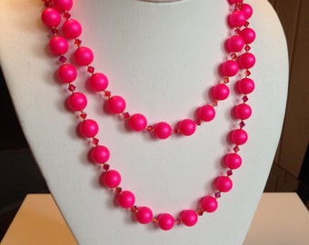 Bright Fuschia Pink Swarovski Pearl and Crystal Long Necklace