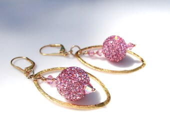 Pink Pave Earrings Gold Framed Baby Pink Crystal Ball Chandelier Earrings