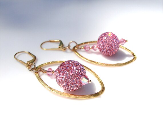 Pink Pave Earrings Gold Framed Baby Crystal Ball Pink Pave Earrings Gold Framed Baby, Pink And Gold Crystal Chandelier Earrings