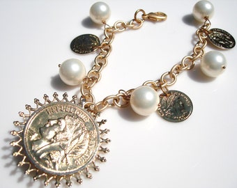 Upcycled Pearl Gold Coin and Crystal Cha Cha Charm Bracelet