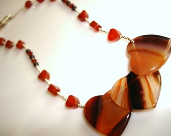 Unique Gemstone Necklace Banded Agate Carnelian and Smoky Quartz