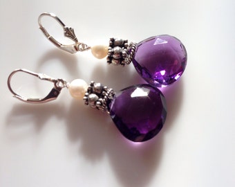 Amethyst Briolette and Freshwater Pearl Dangle Earrings Amethyst Earrings with Sterling