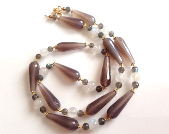 Gorgeous Long Gemstone Necklace Super Flashy Moonstone and Labradorite with Gold