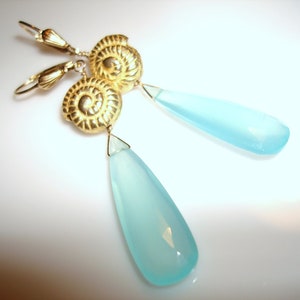 Statement Earrings of Aqua Chalcedony and Gold Shell