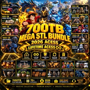 Puede incluir: Un gráfico promocional digital para un 700TB Mega STL Bundle 2026 Access Lifetime Access. La imagen muestra varios personajes de anime, criaturas de fantasía e iconos que representan categorías como vehículos, decoración y juegos, con superposiciones de texto dorado.