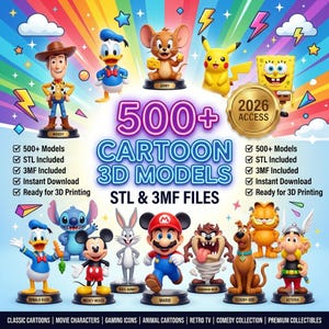 May include: A digital collection of 500+ cartoon 3D models featuring various characters like Woody, Donald Duck, Jerry, Pikachu, Spongebob, Stitch, Mickey Mouse, Bugs Bunny, Mario, Tasmanian Devil, Scooby-Doo, Garfield, and Asterix for 3D printing.