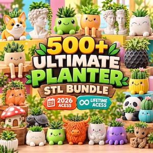 Puede incluir: Una colección digital de más de 500 archivos STL de macetas Ultimate Planter con varios diseños de personajes como un corgi, casa de hongos, tortuga, panda y pulpo, con etiquetas de texto para acceso 2026 y acceso de por vida.