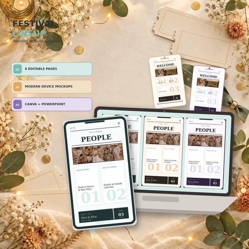 Festival Lineup wedding website template in Canva, Mint Stage colorway