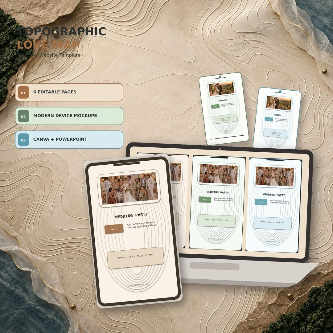 Topographic Love Map wedding website template shown on desktop and mobile