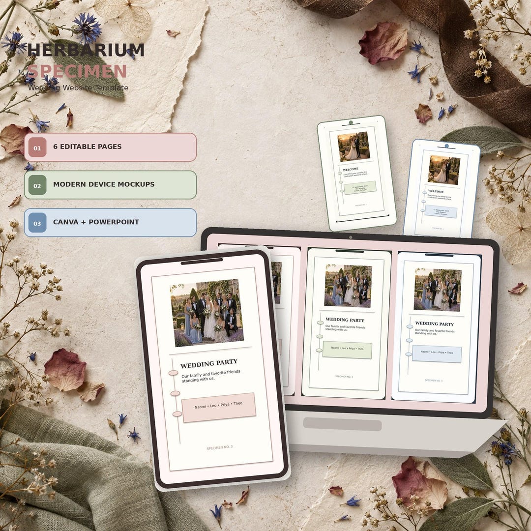 Herbarium Specimen wedding website template shown on desktop and mobile