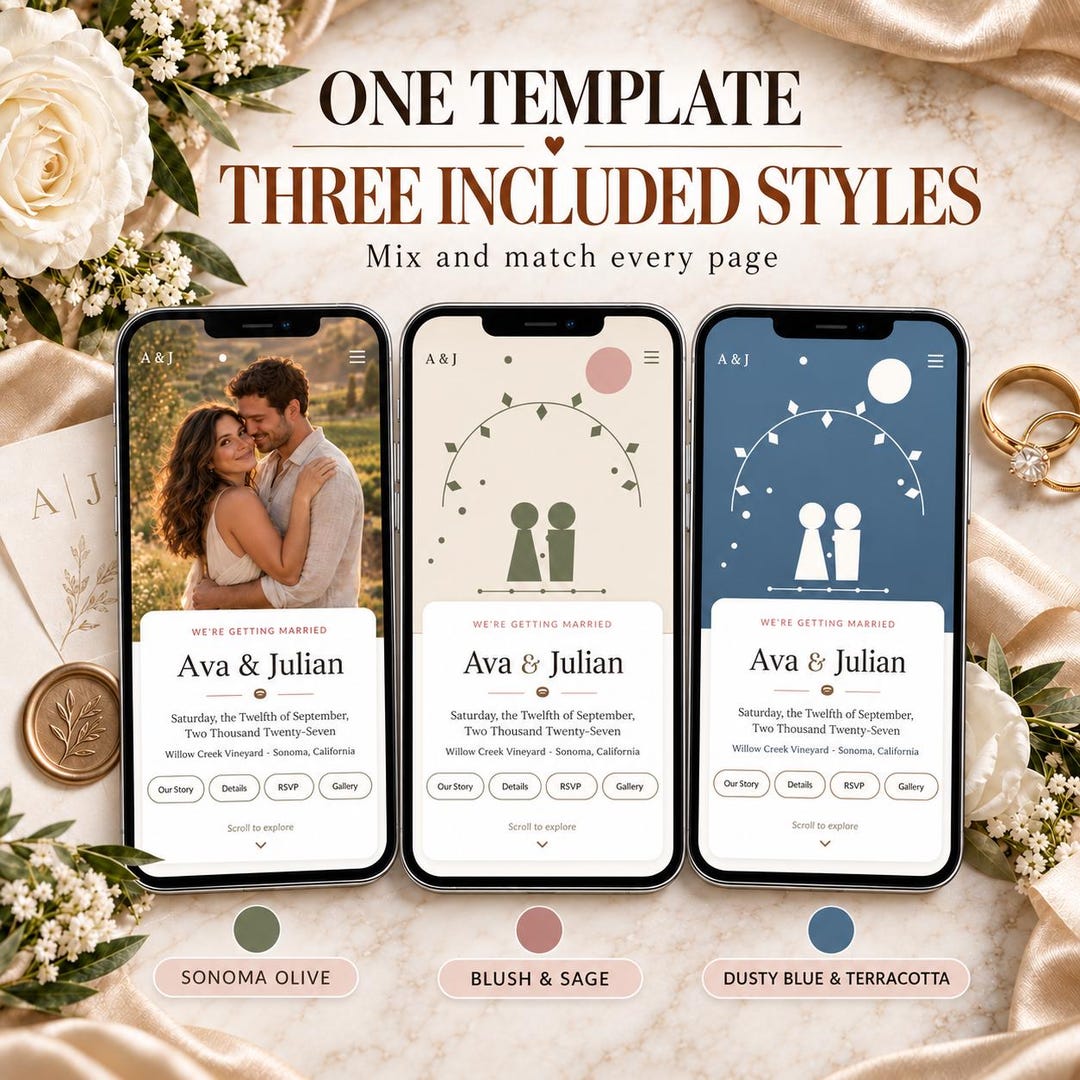 Boho Editorial wedding website template shown on desktop and mobile