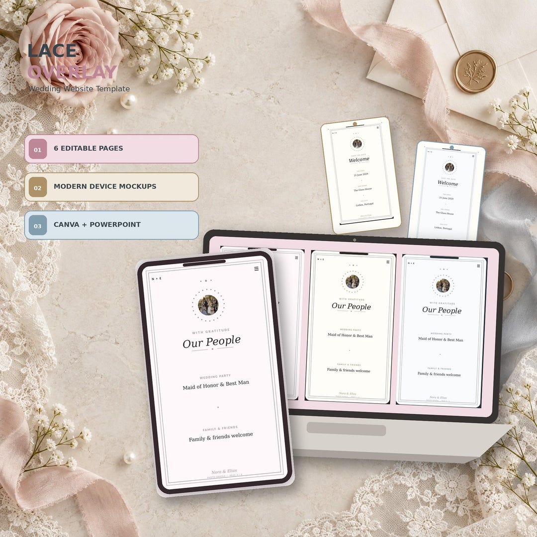Lace Overlay wedding website template shown on desktop and mobile