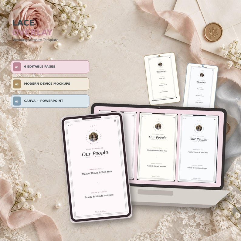 Lace Overlay wedding website template in Canva, Ivory Lace colorway