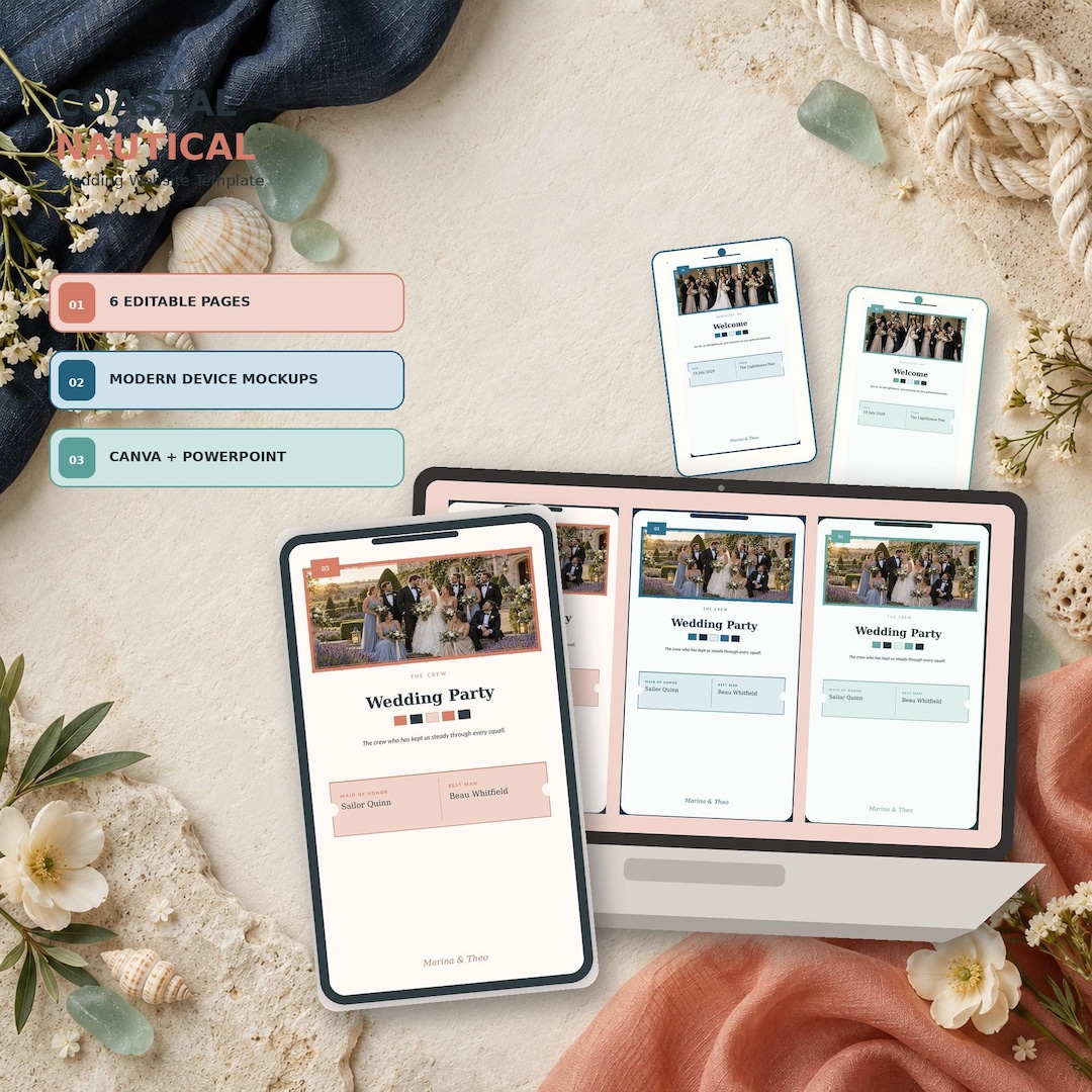 Coastal Nautical wedding website template shown on desktop and mobile