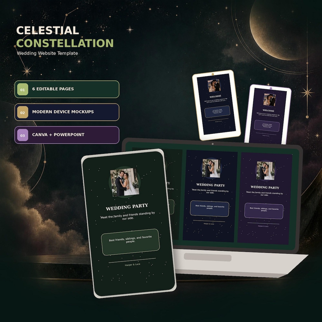 Celestial Constellation wedding website template shown on desktop and mobile