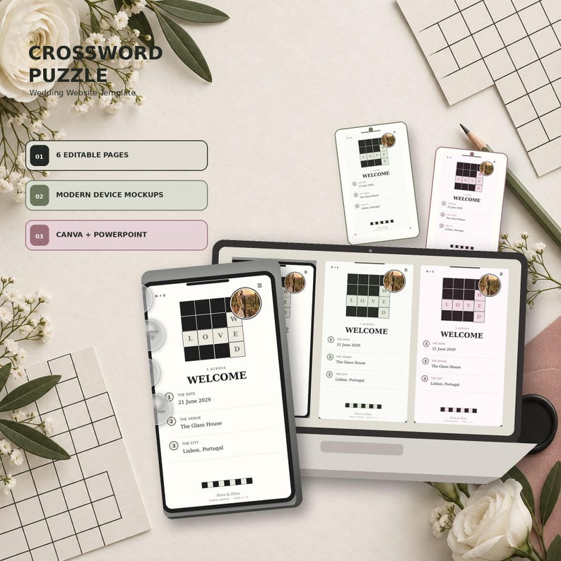 Crossword Puzzle wedding website template in Canva, Ink Ivory colorway
