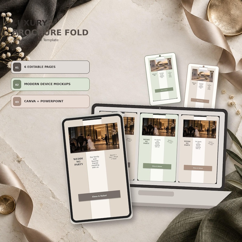 Luxury Brochure Fold wedding website template in Canva, Olive Linen colorway