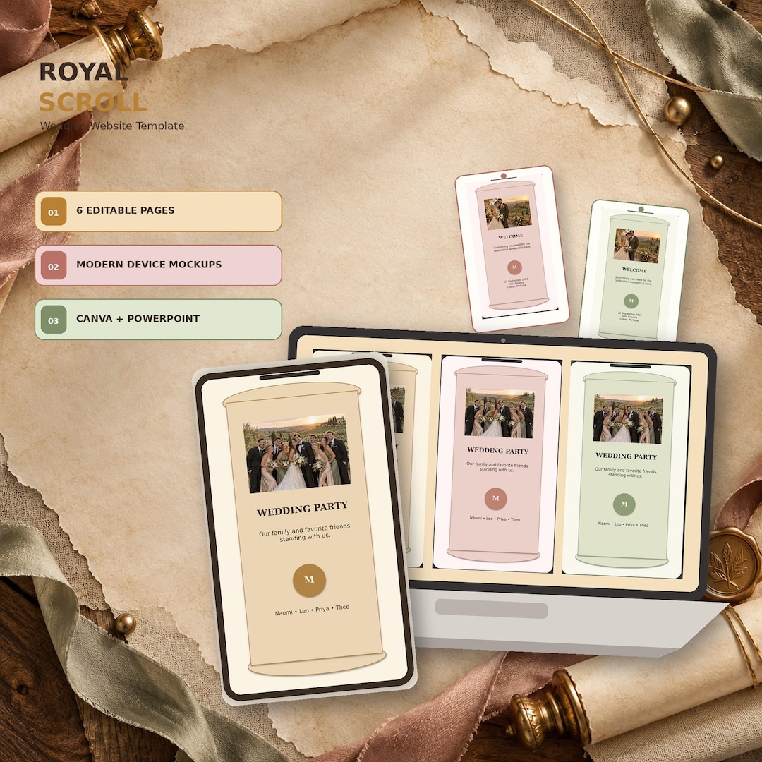 Royal Scroll wedding website template shown on desktop and mobile