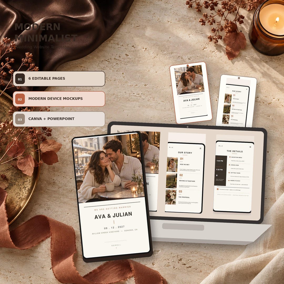 Modern Minimalist wedding website template shown on desktop and mobile