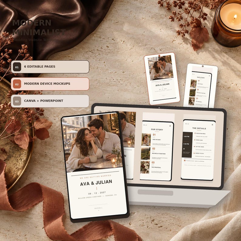 Modern Minimalist wedding website template in Canva, Onyx Gold colorway