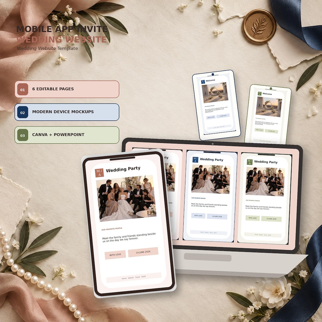 Mobile App Invite wedding website template shown on desktop and mobile
