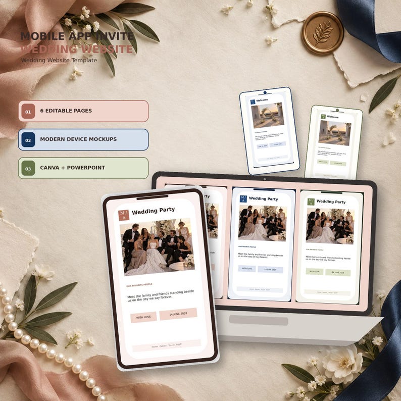 Mobile App Invite wedding website template in Canva, Navy Pearl colorway