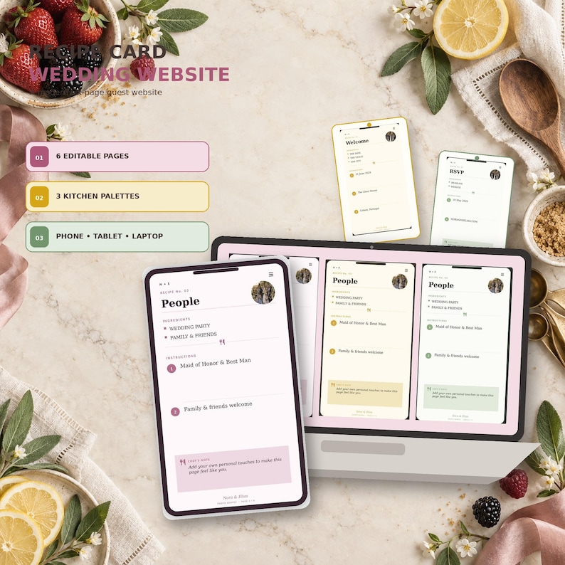Recipe Card wedding website template in Canva, Sage Kitchen colorway