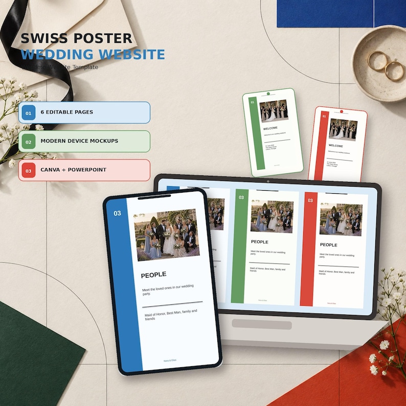 Swiss Poster wedding website template in Canva, Green White colorway