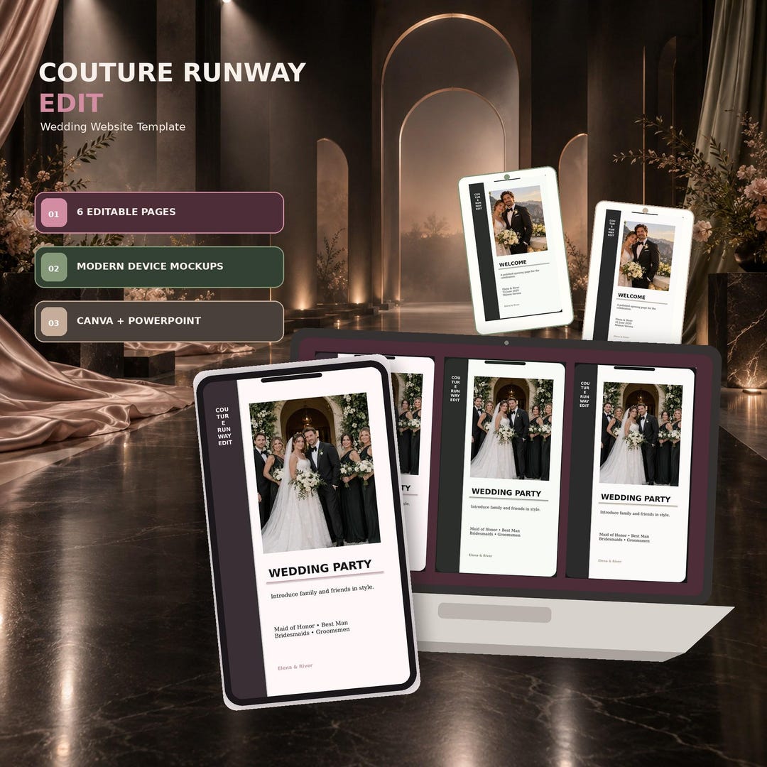 Couture Runway Edit wedding website template shown on desktop and mobile