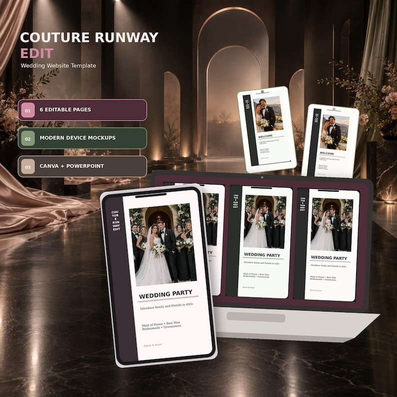 Couture Runway Edit wedding website template in Canva, Blush Noir colorway
