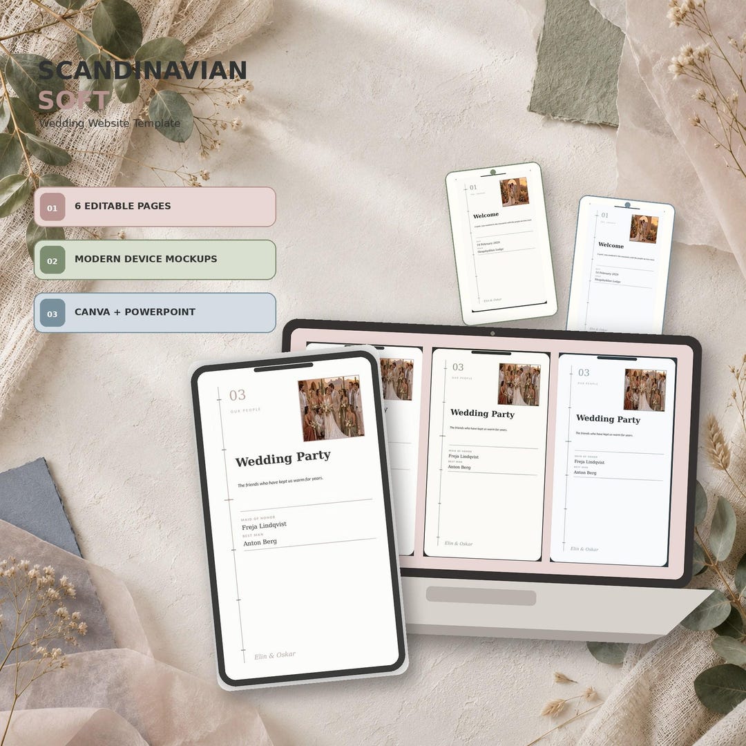 Scandinavian Soft wedding website template shown on desktop and mobile