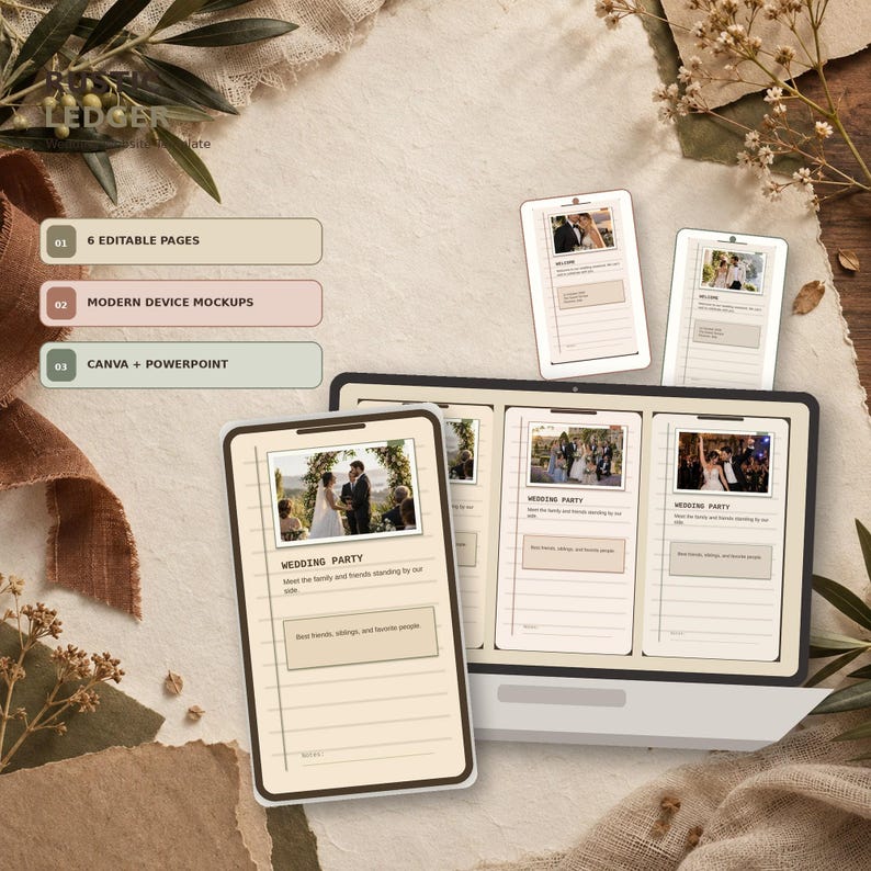 Rustic Ledger wedding website template in Canva, Walnut Sage colorway