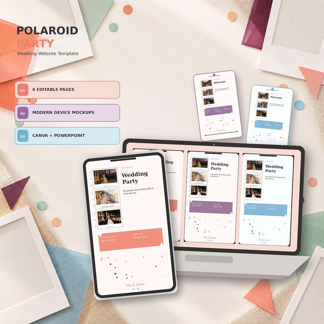 Polaroid Party wedding website template shown on desktop and mobile