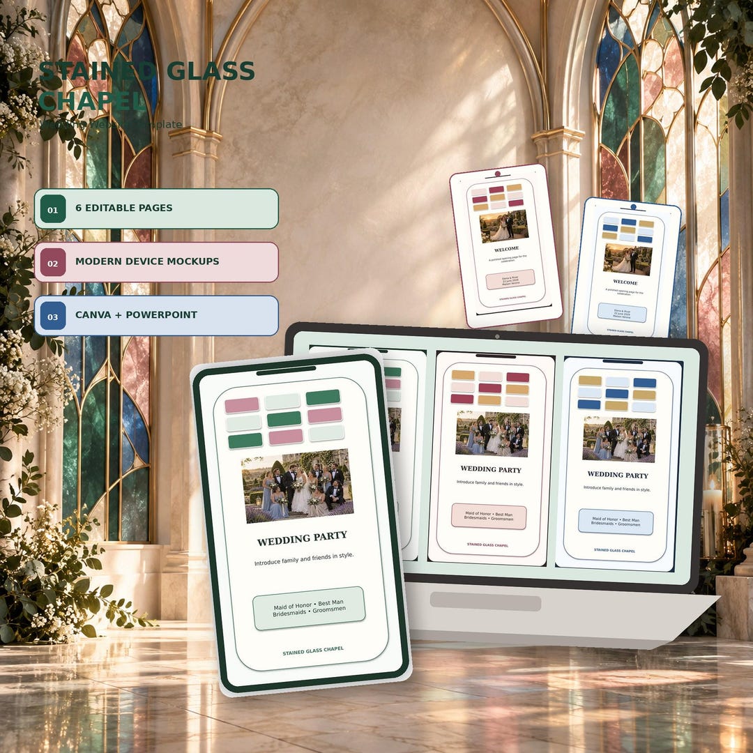 Stained Glass Chapel wedding website template shown on desktop and mobile