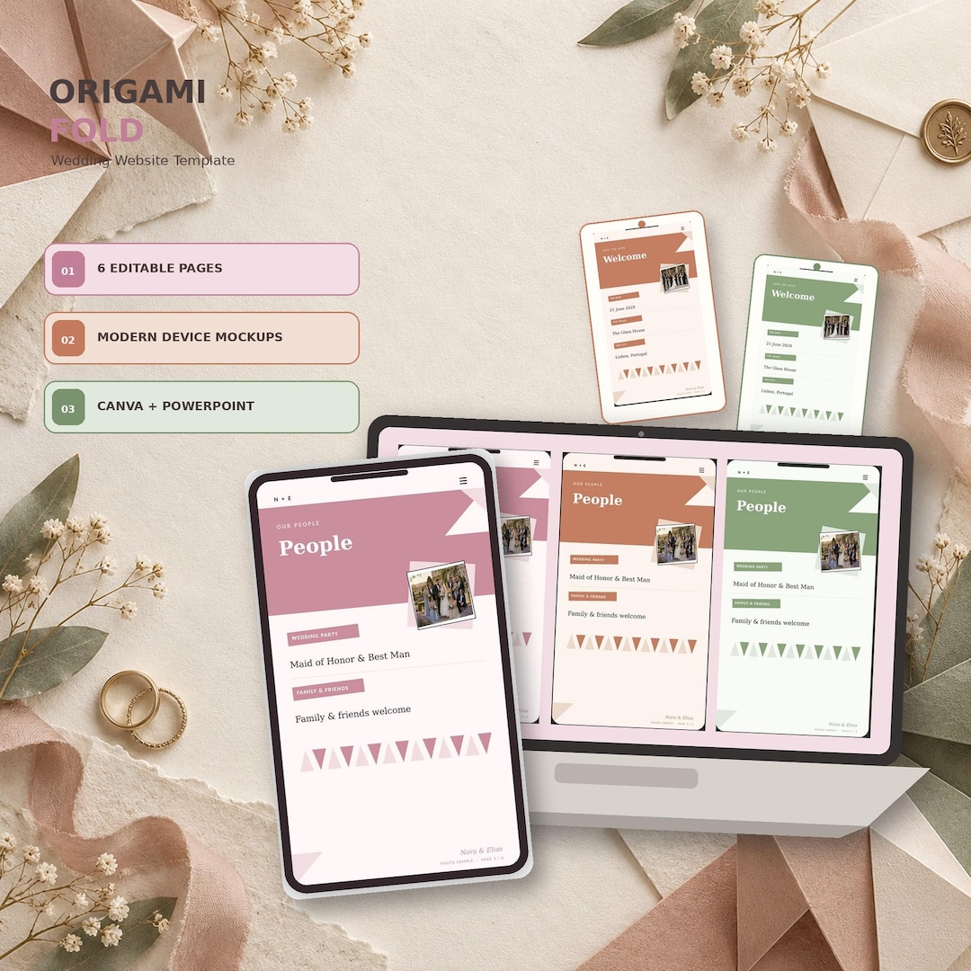 Origami Fold wedding website template shown on desktop and mobile