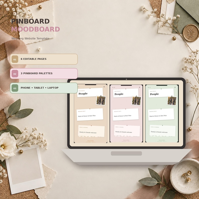 Pinboard Moodboard wedding website template in Canva, Sage Pins colorway