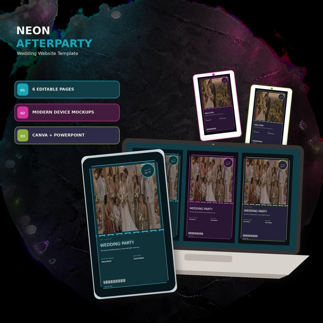 Neon Afterparty wedding website template shown on desktop and mobile