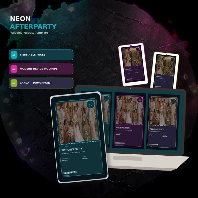 Neon Afterparty wedding website template in Canva, Lime Violet colorway
